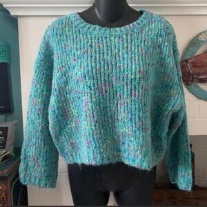 NWOT 90's Y2K FUZZY TURQUOISE TWEED WAIST LENGTH CROP SWEATER